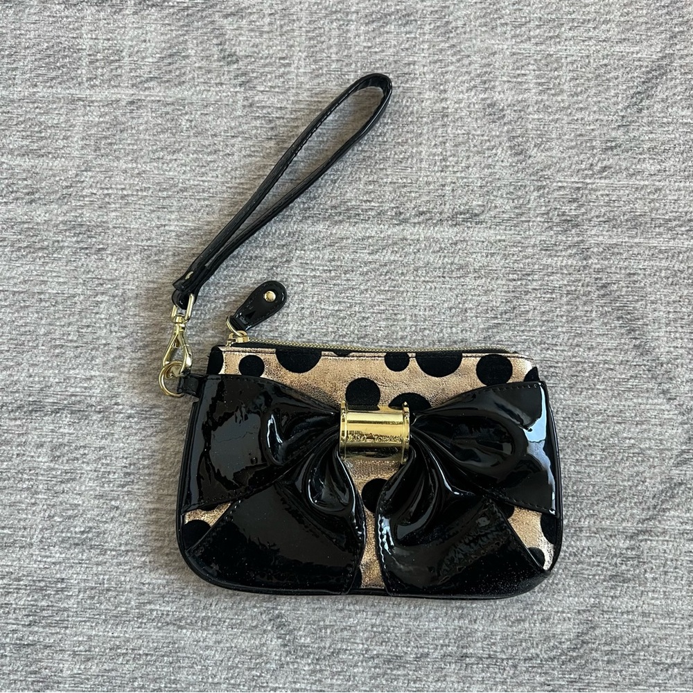 Betsey Johnson Polka Dots Bow Black/Rose Wristlet Mini Bag Wallet